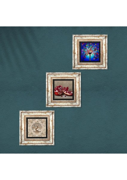 Stone Hayat Ağacı, Nar Çerçeveli Taş Duvar Tablosu 3’lü Set - Dekoratif Modern Sanat, Ev ve Ofis Dekoru |TK3-909| fırsatları