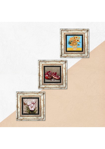 Stone Van Gogh On İki Ayçiçekli Vazo, Kelebekli Çiçek, Nar Çerçeveli Taş Duvar Tablosu 3’lü Set - Dekoratif Modern Sanat, Ev ve Ofis Dekoru |TK3-1269| indirimleri