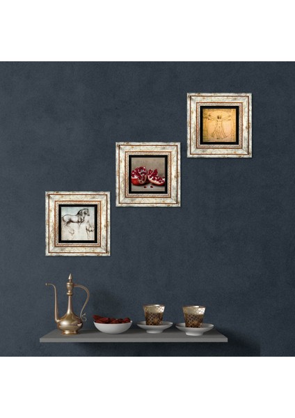 Leonardo da Vinci Vitruvius Adamı, At Heykeli, Nar Taş Duvar Tablosu Çerçeveli Duvar Dekoru 3 Parça Tablo Seti Wall Art T3-1282