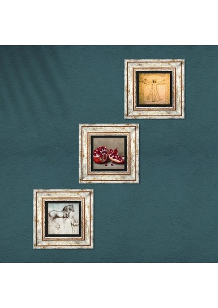 Leonardo da Vinci Vitruvius Adamı, At Heykeli, Nar Taş Duvar Tablosu Çerçeveli Duvar Dekoru 3 Parça Tablo Seti Wall Art T3-1282