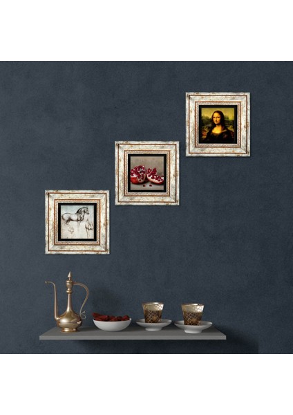 Leonardo da Vinci Mona Lisa, At Heykeli, Nar Taş Duvar Tablosu Çerçeveli Duvar Dekoru 3 Parça Tablo Seti Wall Art T3-1283