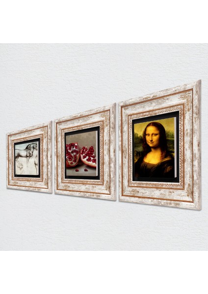 Leonardo da Vinci Mona Lisa, At Heykeli, Nar Taş Duvar Tablosu Çerçeveli Duvar Dekoru 3 Parça Tablo Seti Wall Art T3-1283