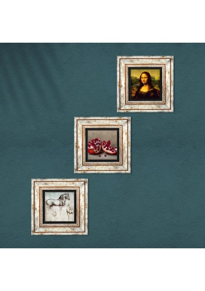Leonardo da Vinci Mona Lisa, At Heykeli, Nar Taş Duvar Tablosu Çerçeveli Duvar Dekoru 3 Parça Tablo Seti Wall Art T3-1283