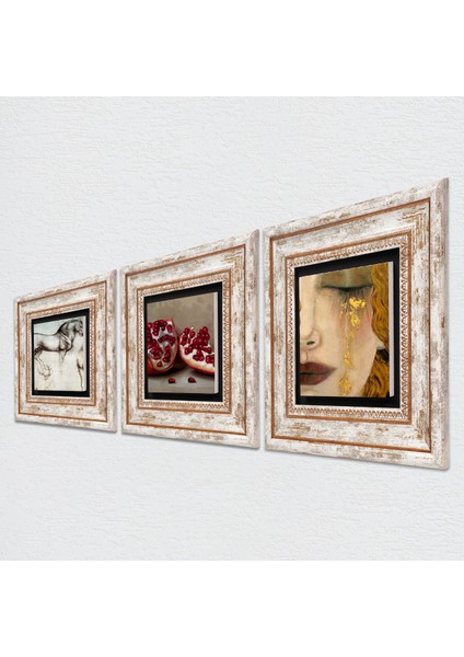 Gustav Klimt Altın Gözyaşları, Da Vinci At Heykeli, Nar Taş Duvar Tablosu Çerçeveli Duvar Dekoru 3 Parça Tablo Seti Wall Art T3-1290