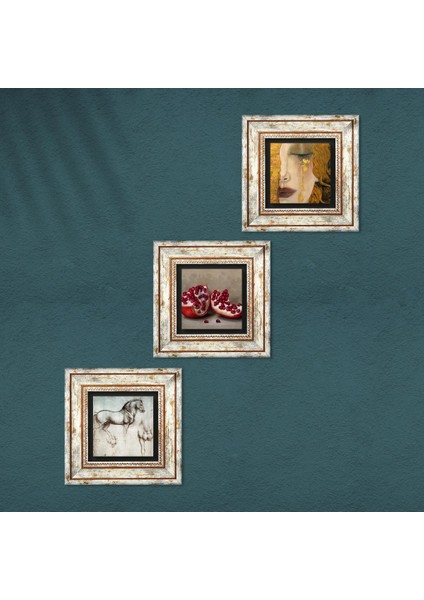 Gustav Klimt Altın Gözyaşları, Da Vinci At Heykeli, Nar Taş Duvar Tablosu Çerçeveli Duvar Dekoru 3 Parça Tablo Seti Wall Art T3-1290