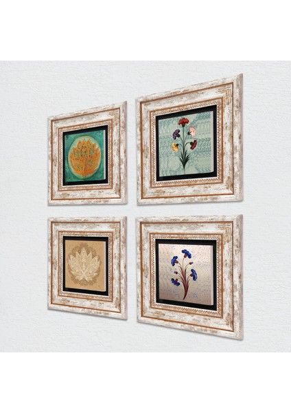 Ebru Sanatı, Lotus Çiçeği Taş Duvar Tablosu Çerçeveli Duvar Dekoru 4 Parça Tablo Seti Wall Art T4-672