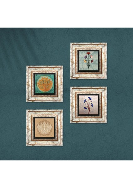 Ebru Sanatı, Lotus Çiçeği Taş Duvar Tablosu Çerçeveli Duvar Dekoru 4 Parça Tablo Seti Wall Art T4-672