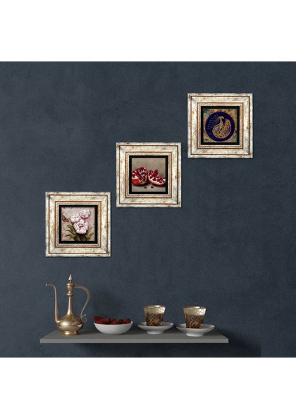 Tavus Kuşu, Kelebekli Çiçek, Nar Taş Duvar Tablosu Çerçeveli Duvar Dekoru 3 Parça Tablo Seti Wall Art T3-1248
