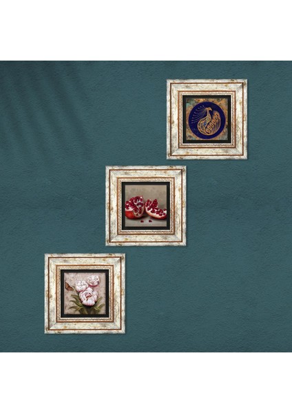 Tavus Kuşu, Kelebekli Çiçek, Nar Taş Duvar Tablosu Çerçeveli Duvar Dekoru 3 Parça Tablo Seti Wall Art T3-1248 fırsatları