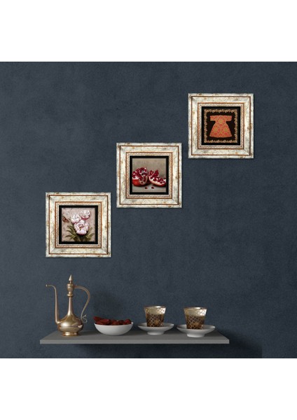 Hırka-i Şerif, Kelebekli Çiçek, Nar Taş Duvar Tablosu Çerçeveli Duvar Dekoru 3 Parça Tablo Seti Wall Art T3-1254