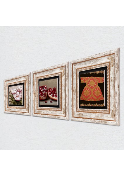 Hırka-i Şerif, Kelebekli Çiçek, Nar Taş Duvar Tablosu Çerçeveli Duvar Dekoru 3 Parça Tablo Seti Wall Art T3-1254