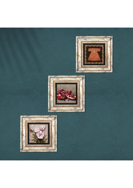 Hırka-i Şerif, Kelebekli Çiçek, Nar Taş Duvar Tablosu Çerçeveli Duvar Dekoru 3 Parça Tablo Seti Wall Art T3-1254