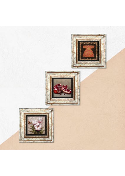 Hırka-i Şerif, Kelebekli Çiçek, Nar Taş Duvar Tablosu Çerçeveli Duvar Dekoru 3 Parça Tablo Seti Wall Art T3-1254