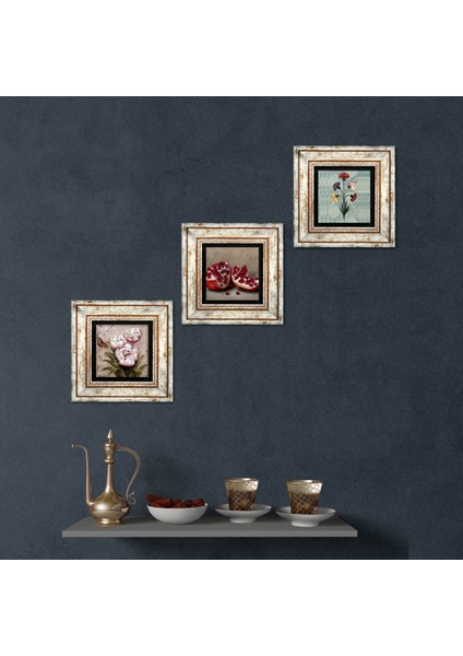Ebru Sanatı, Kelebekli Çiçek, Nar Taş Duvar Tablosu Çerçeveli Duvar Dekoru 3 Parça Tablo Seti Wall Art T3-1261