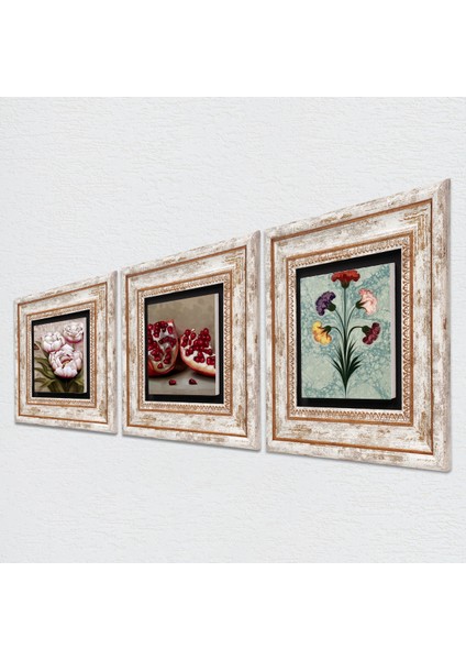 Ebru Sanatı, Kelebekli Çiçek, Nar Taş Duvar Tablosu Çerçeveli Duvar Dekoru 3 Parça Tablo Seti Wall Art T3-1261