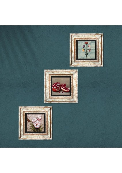 Ebru Sanatı, Kelebekli Çiçek, Nar Taş Duvar Tablosu Çerçeveli Duvar Dekoru 3 Parça Tablo Seti Wall Art T3-1261