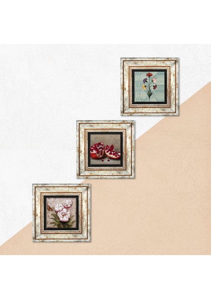 Ebru Sanatı, Kelebekli Çiçek, Nar Taş Duvar Tablosu Çerçeveli Duvar Dekoru 3 Parça Tablo Seti Wall Art T3-1261