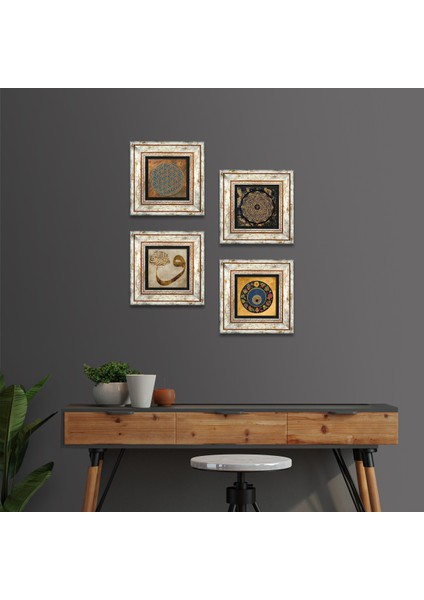 Yaşam Çiçeği, Sri Yantra, Vav, Nazar Taş Duvar Tablosu Çerçeveli Duvar Dekoru 4 Parça Tablo Seti Wall Art T4-546