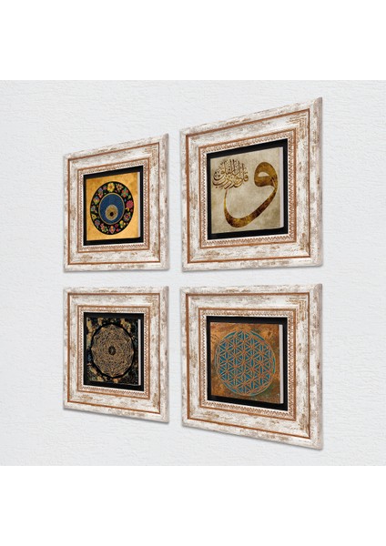 Yaşam Çiçeği, Sri Yantra, Vav, Nazar Taş Duvar Tablosu Çerçeveli Duvar Dekoru 4 Parça Tablo Seti Wall Art T4-546 fiyatları