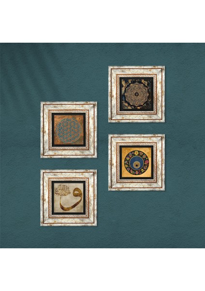 Yaşam Çiçeği, Sri Yantra, Vav, Nazar Taş Duvar Tablosu Çerçeveli Duvar Dekoru 4 Parça Tablo Seti Wall Art T4-546 fırsatları