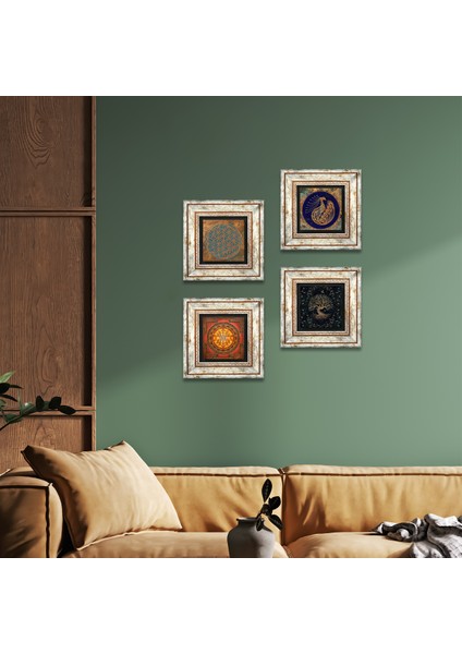 Yaşam Çiçeği, Tavus Kuşu, Sri Yantra, Hayat Ağacı Taş Duvar Tablosu Çerçeveli Duvar Dekoru 4 Parça Tablo Seti Wall Art T4-516