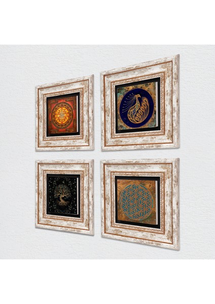 Yaşam Çiçeği, Tavus Kuşu, Sri Yantra, Hayat Ağacı Taş Duvar Tablosu Çerçeveli Duvar Dekoru 4 Parça Tablo Seti Wall Art T4-516 fiyatları