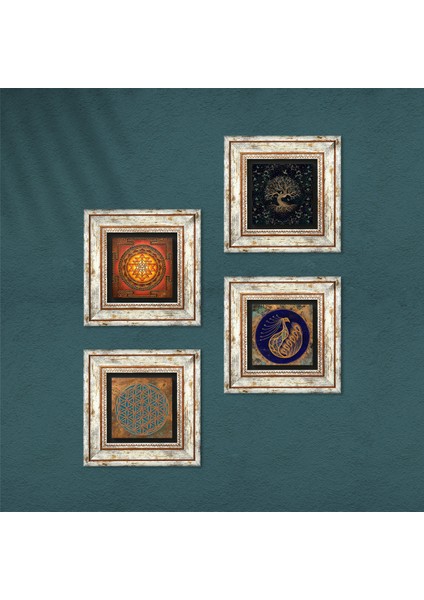 Yaşam Çiçeği, Tavus Kuşu, Sri Yantra, Hayat Ağacı Taş Duvar Tablosu Çerçeveli Duvar Dekoru 4 Parça Tablo Seti Wall Art T4-516 fırsatları
