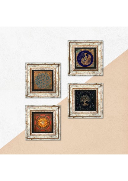 Yaşam Çiçeği, Tavus Kuşu, Sri Yantra, Hayat Ağacı Taş Duvar Tablosu Çerçeveli Duvar Dekoru 4 Parça Tablo Seti Wall Art T4-516 indirimleri