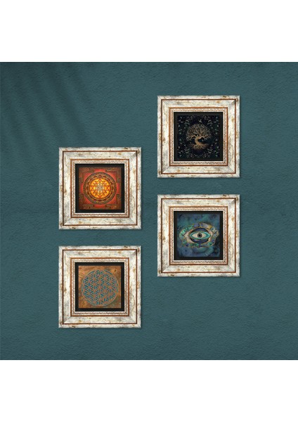 Yaşam Çiçeği, Nazar, Sri Yantra, Hayat Ağacı Çerçeveli Taş Duvar Tablosu 4’lü Set - Dekoratif Modern Sanat, Ev ve Ofis Dekoru |TK4-523| fırsatları