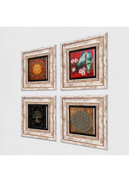 Yaşam Çiçeği, Kuş, Sri Yantra, Hayat Ağacı Taş Duvar Tablosu Çerçeveli Duvar Dekoru 4 Parça Tablo Seti Wall Art T4-524