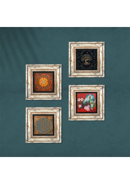 Yaşam Çiçeği, Kuş, Sri Yantra, Hayat Ağacı Taş Duvar Tablosu Çerçeveli Duvar Dekoru 4 Parça Tablo Seti Wall Art T4-524