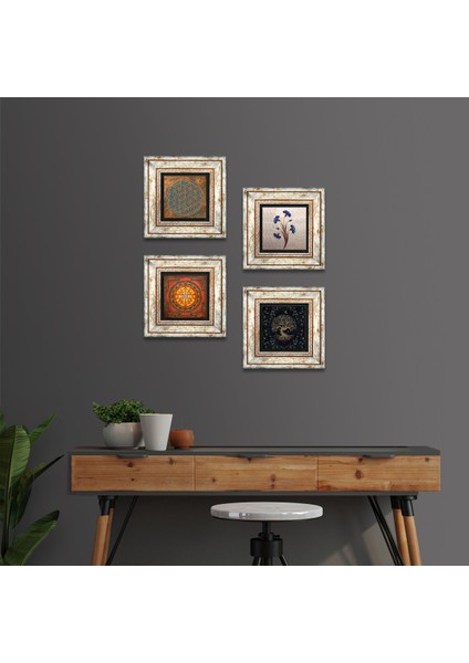 Yaşam Çiçeği, Ebru Sanatı, Sri Yantra, Hayat Ağacı Taş Duvar Tablosu Çerçeveli Duvar Dekoru 4 Parça Tablo Seti Wall Art T4-531