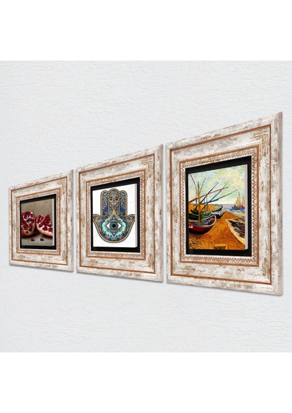 Van Gogh Balıkçı Tekneleri, Nar, Fatma Ana Eli (Hamsa) Taş Duvar Tablosu Çerçeveli Duvar Dekoru 3 Parça Tablo Seti Wall Art T3-772
