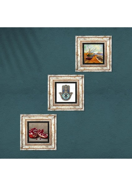 Van Gogh Balıkçı Tekneleri, Nar, Fatma Ana Eli (Hamsa) Taş Duvar Tablosu Çerçeveli Duvar Dekoru 3 Parça Tablo Seti Wall Art T3-772