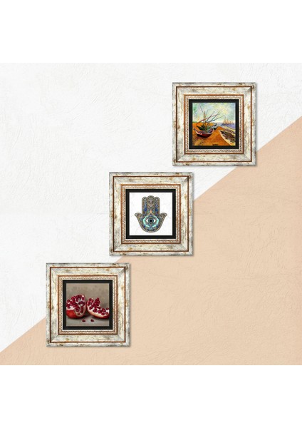 Van Gogh Balıkçı Tekneleri, Nar, Fatma Ana Eli (Hamsa) Taş Duvar Tablosu Çerçeveli Duvar Dekoru 3 Parça Tablo Seti Wall Art T3-772