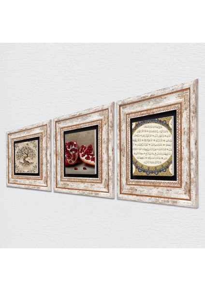 Hilye-i Şerif, Hayat Ağacı, Nar Taş Duvar Tablosu Çerçeveli Duvar Dekoru 3 Parça Tablo Seti Wall Art T3-905