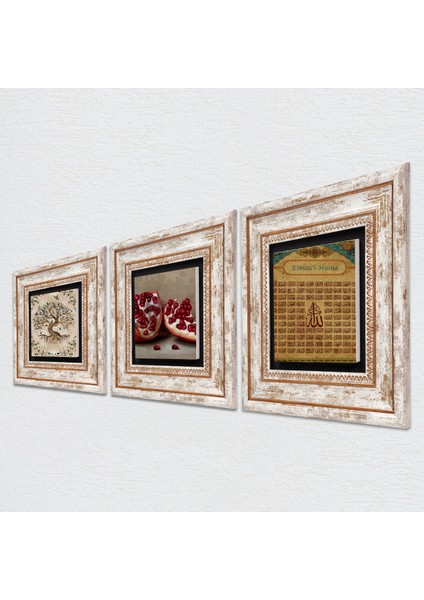 Esma'ül Hüsna, Hayat Ağacı, Nar Taş Duvar Tablosu Çerçeveli Duvar Dekoru 3 Parça Tablo Seti Wall Art T3-911 fiyatları
