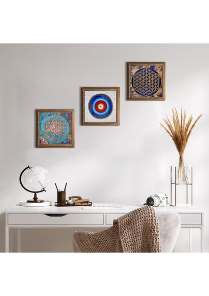 Nazar, Yaşam Çiçeği Ahşap Çerçeveli Taş Duvar Tablosu 3’lü Set – 25x25 cm Dekoratif Modern Sanat – Ev ve Ofis Dekoru |W3-137|