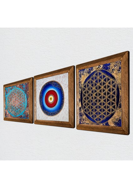 Nazar, Yaşam Çiçeği Ahşap Çerçeveli Taş Duvar Tablosu 3’lü Set – 25x25 cm Dekoratif Modern Sanat – Ev ve Ofis Dekoru |W3-137| fiyatları