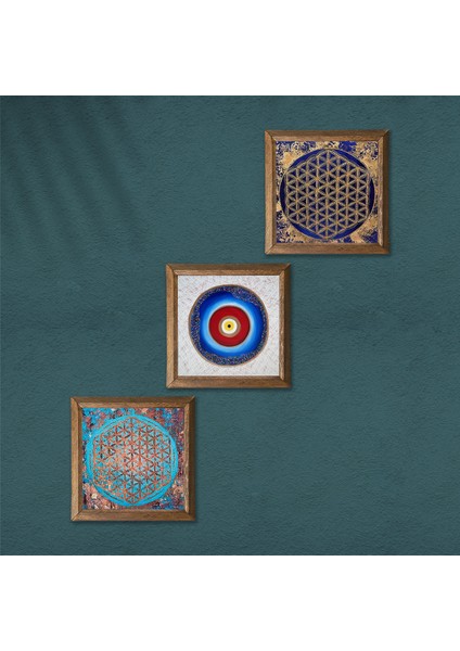 Nazar, Yaşam Çiçeği Ahşap Çerçeveli Taş Duvar Tablosu 3’lü Set – 25x25 cm Dekoratif Modern Sanat – Ev ve Ofis Dekoru |W3-137| modelleri