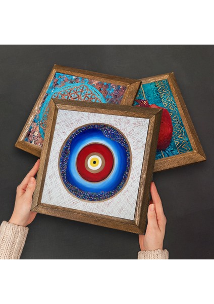 Nazar, Yaşam Çiçeği Ahşap Çerçeveli Taş Duvar Tablosu 3’lü Set – 25x25 cm Dekoratif Modern Sanat – Ev ve Ofis Dekoru |W3-137| fırsatları