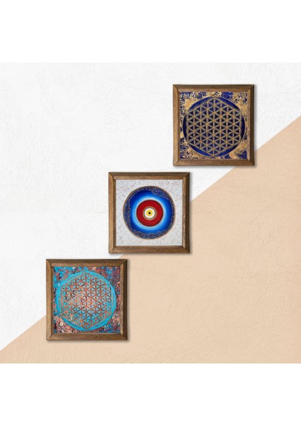 Nazar, Yaşam Çiçeği Ahşap Çerçeveli Taş Duvar Tablosu 3’lü Set – 25x25 cm Dekoratif Modern Sanat – Ev ve Ofis Dekoru |W3-137| indirimleri