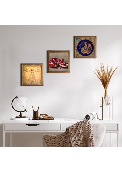 Tavus Kuşu, Leonardo da Vinci Vitruvius Adamı, Nar Taş Duvar Tablosu Ahşap Çerçeveli Duvar Dekoru 3 Parça Tablo Seti Wall Art W3-1376