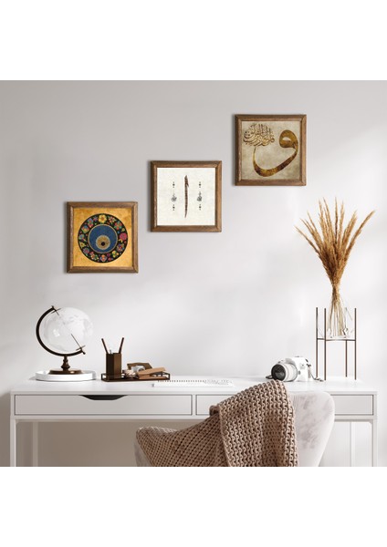Vav, Elif, Nazar Boncuğu Taş Duvar Tablosu Ahşap Çerçeveli Duvar Dekoru 3 Parça Tablo Seti Wall Art W3-150