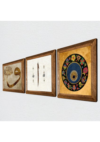 Vav, Elif, Nazar Boncuğu Taş Duvar Tablosu Ahşap Çerçeveli Duvar Dekoru 3 Parça Tablo Seti Wall Art W3-150