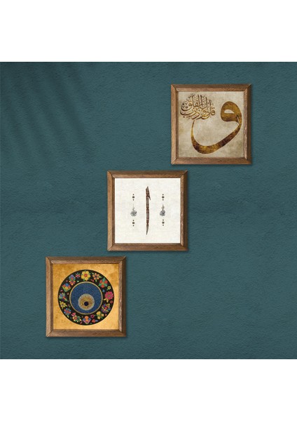 Vav, Elif, Nazar Boncuğu Taş Duvar Tablosu Ahşap Çerçeveli Duvar Dekoru 3 Parça Tablo Seti Wall Art W3-150