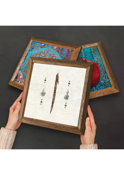 Vav, Elif, Nazar Boncuğu Taş Duvar Tablosu Ahşap Çerçeveli Duvar Dekoru 3 Parça Tablo Seti Wall Art W3-150