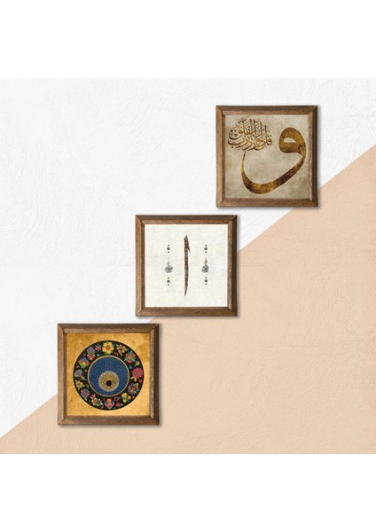 Vav, Elif, Nazar Boncuğu Taş Duvar Tablosu Ahşap Çerçeveli Duvar Dekoru 3 Parça Tablo Seti Wall Art W3-150
