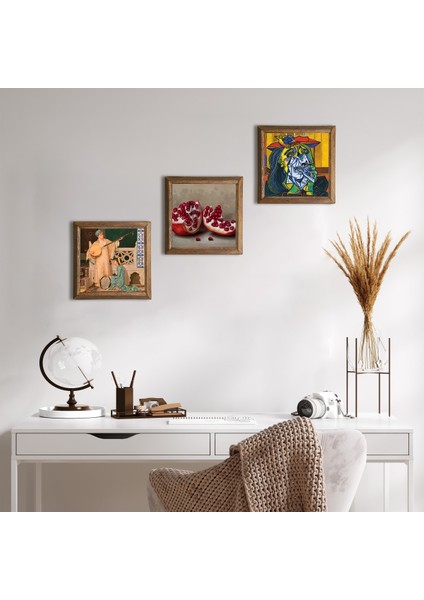 Picasso Ağlayan Kadın, İki Müzisyen Kız Tablosu, Nar Taş Duvar Tablosu Ahşap Çerçeveli Duvar Dekoru 3 Parça Tablo Seti Wall Art W3-1517