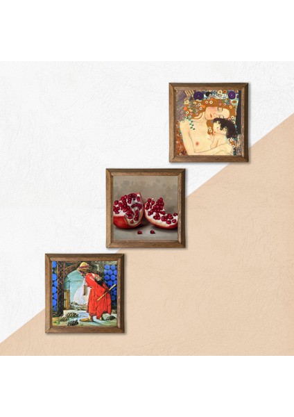 Gustav Klimt Anne Çocuk, Kaplumbağa Terbiyecisi, Nar Taş Duvar Tablosu Ahşap Çerçeveli Duvar Dekoru 3 Parça Tablo Seti Wall Art W3-1525 indirimleri
